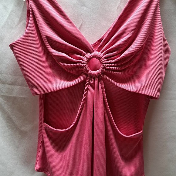 Rue 21 Md. Pink Barbie Core V-Neck Open sides gathered ring snap Bodysuit - Picture 2 of 5